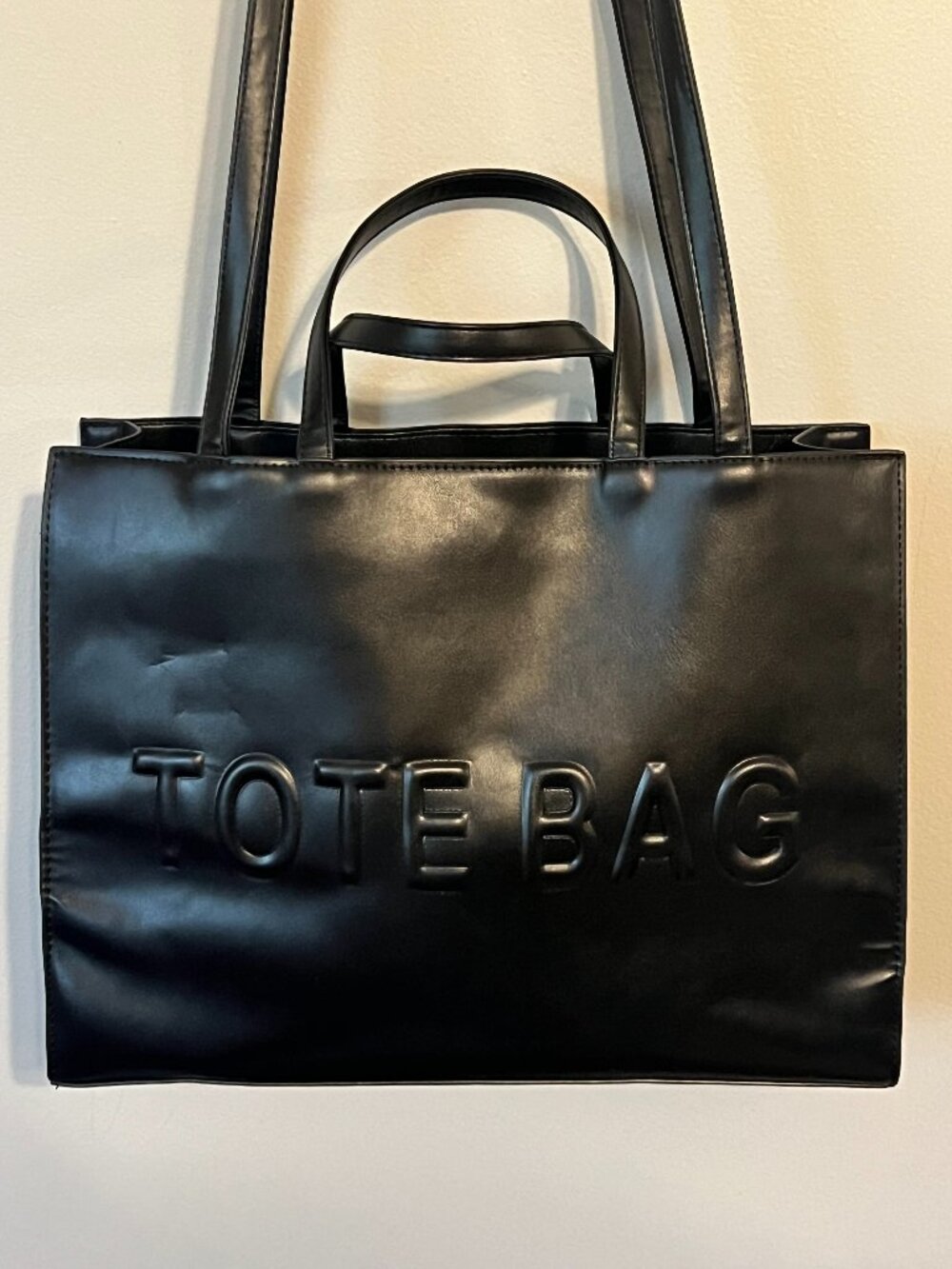 Black Structured Tote Bag Large Embossed “TOTE BAG” Satchel Shoulder Purse Minim